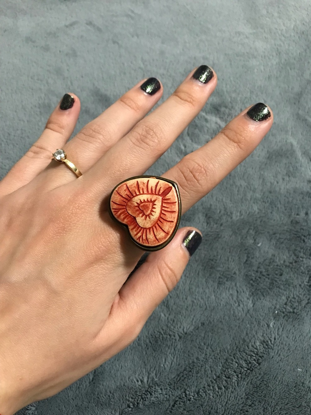 Carved Heart Light Pink Coral Wood Statement Adjustable Ring Size 8